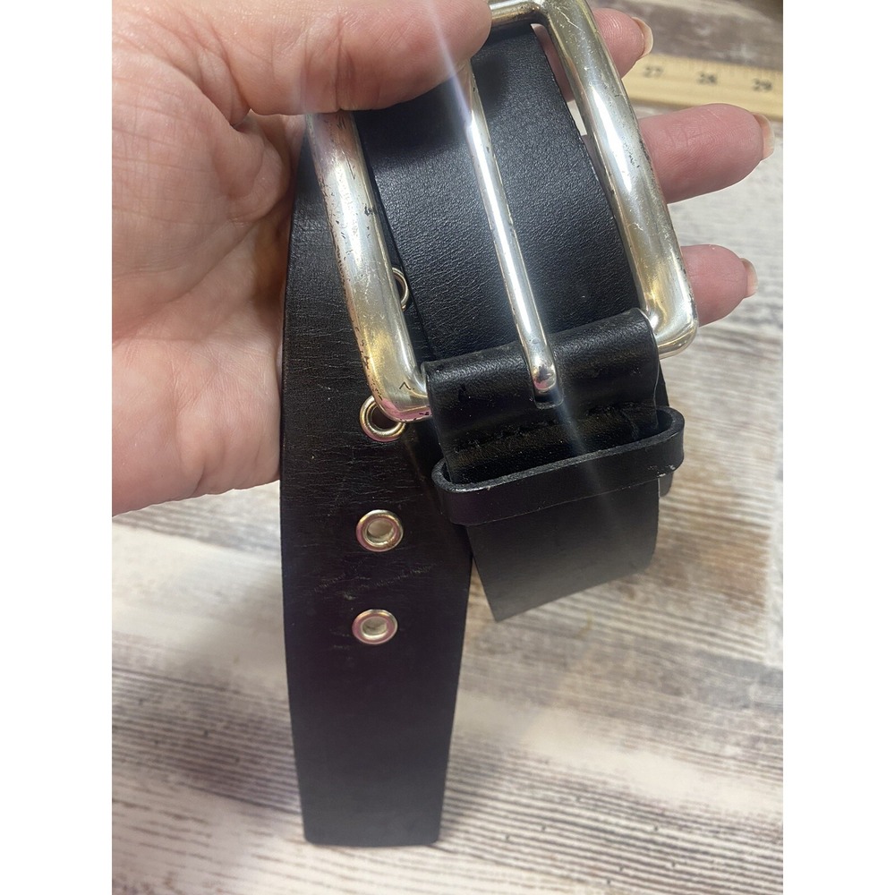DKNY Womens Black Genuine Leather Belt Wide Strap Silver Buckle Large 38L 2W